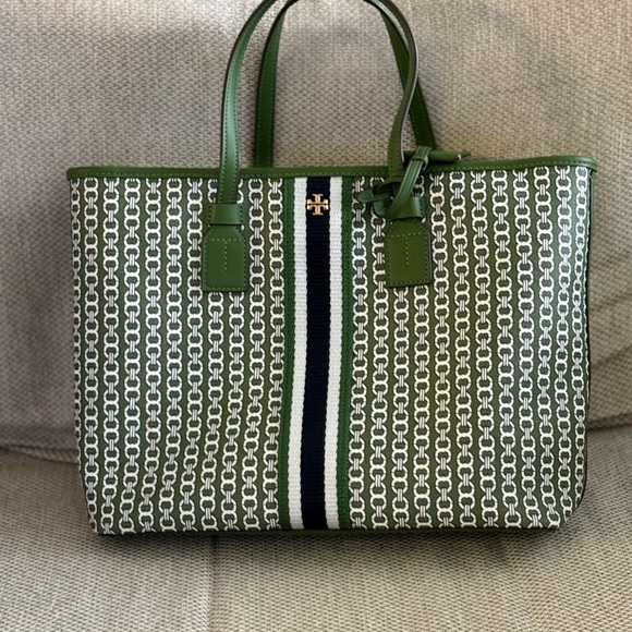 TORY BURCH GEMINI LINK canvas top zip tote #58450 Green with Navy stripe RARE. - Picture 3 of 9